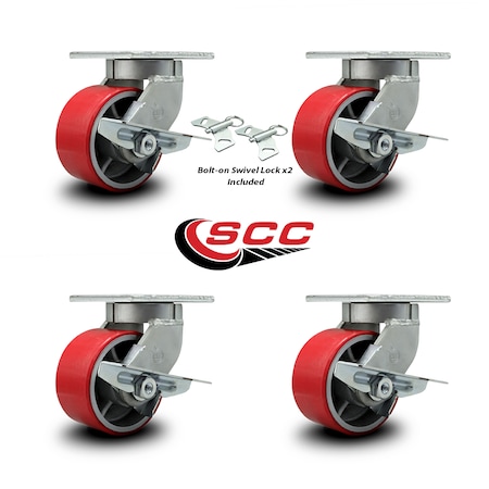 Service Caster 6 Inch Heavy Duty Red Poly on Cast Iron Caster Brakes 2 Swivel Locks, 4PK SCC-KP92S630-PUR-RS-SLB-BSL-2-SLB-2